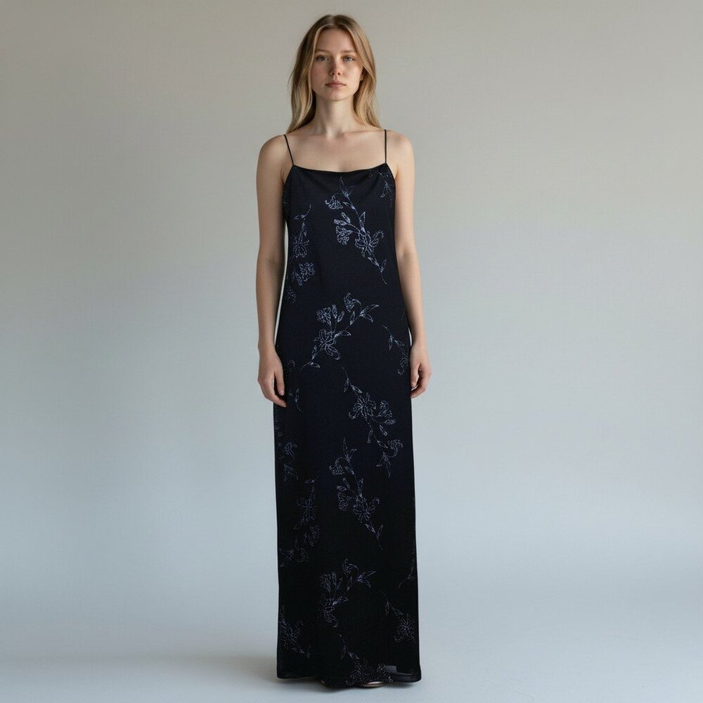Vintage 90's Y2K IZ Byer Dress Black Mesh Whimsigoth Maxi Medium Blue Glitter‎